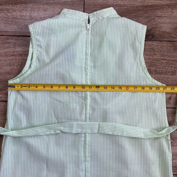 Vintage Seersucker Dress Green White Stripe Belted Sleeveless 18 1/2 - Picture 6 of 12